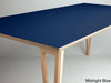 Blue desktop top on birch ply hairpin legs