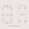 A diagram showing a front door layout constructed from plyzen FSC certified birch plywood, with labeled points a to k, and two smaller adjacent diagrams illustrating handle positions (left or right) for hinge placement.