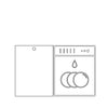 Line drawing of a plyzen dishwasher door with its door open, displaying two plates inside. The plyzen dishwasher panel, made of FSC certified birch plywood, has simple controls on top.